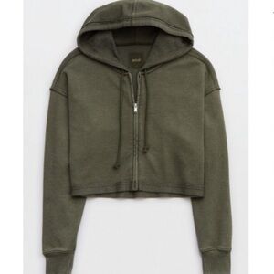 Aerie Beach Party Zip Up Hoodie Cropped Oversized Olive Green